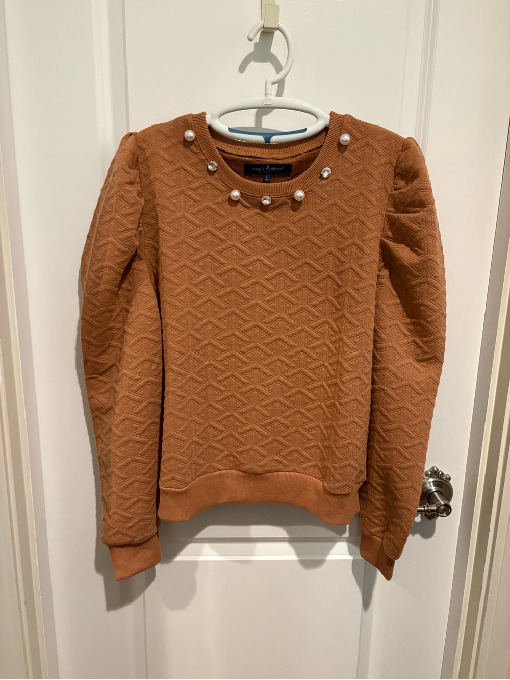 Simply Southern Camel Quilted Crewneck with Pearl Accents